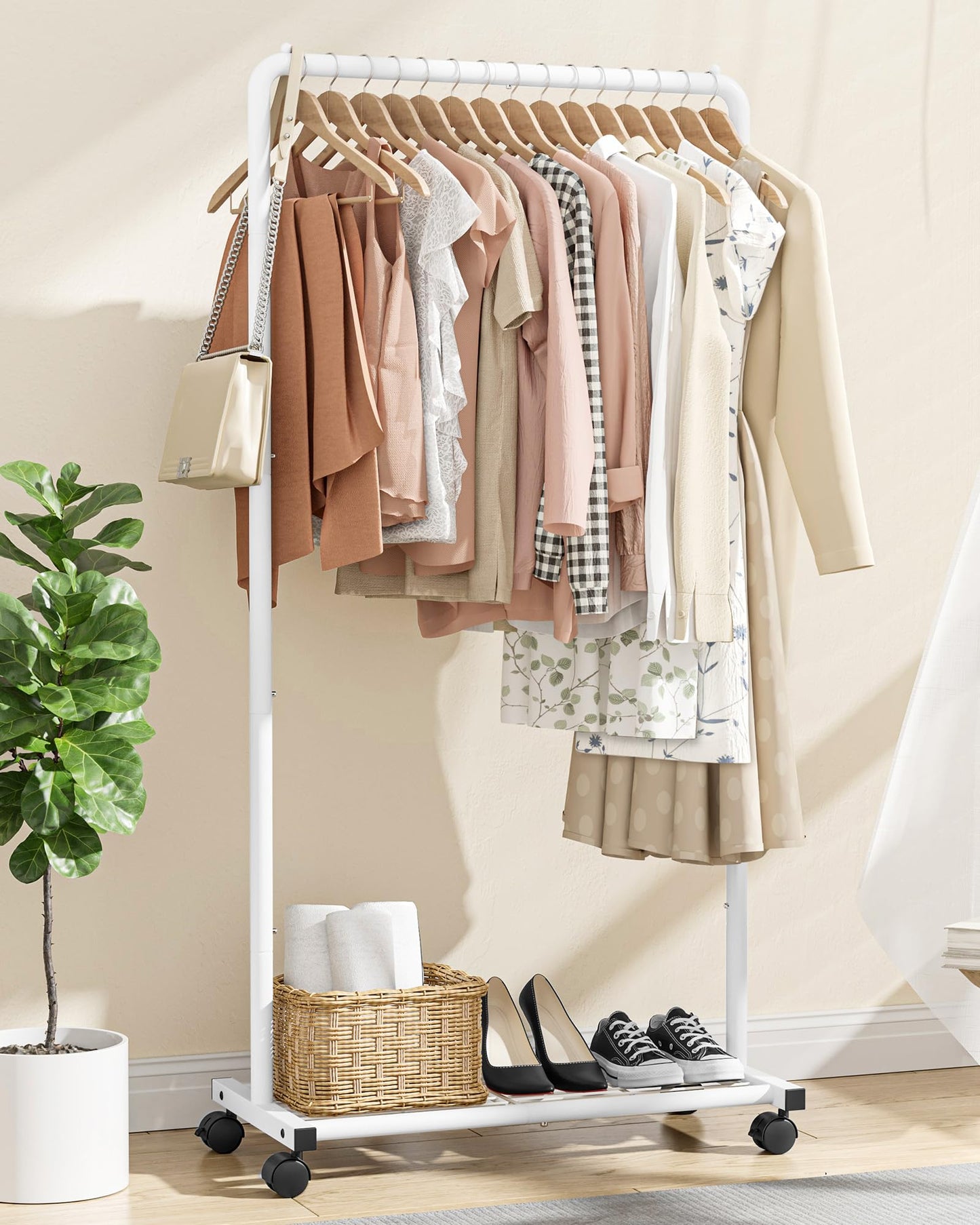 Sakugi Clothes Rack - Clothing Rack with Storage Mesh Shelf & Casters, Heavy-Duty Metal Clothing Rack for Hanging Clothes, Dresses, Coats, Large Load Capacity, Easy Assembly, Black, 28.0"x14.0"x59.0"