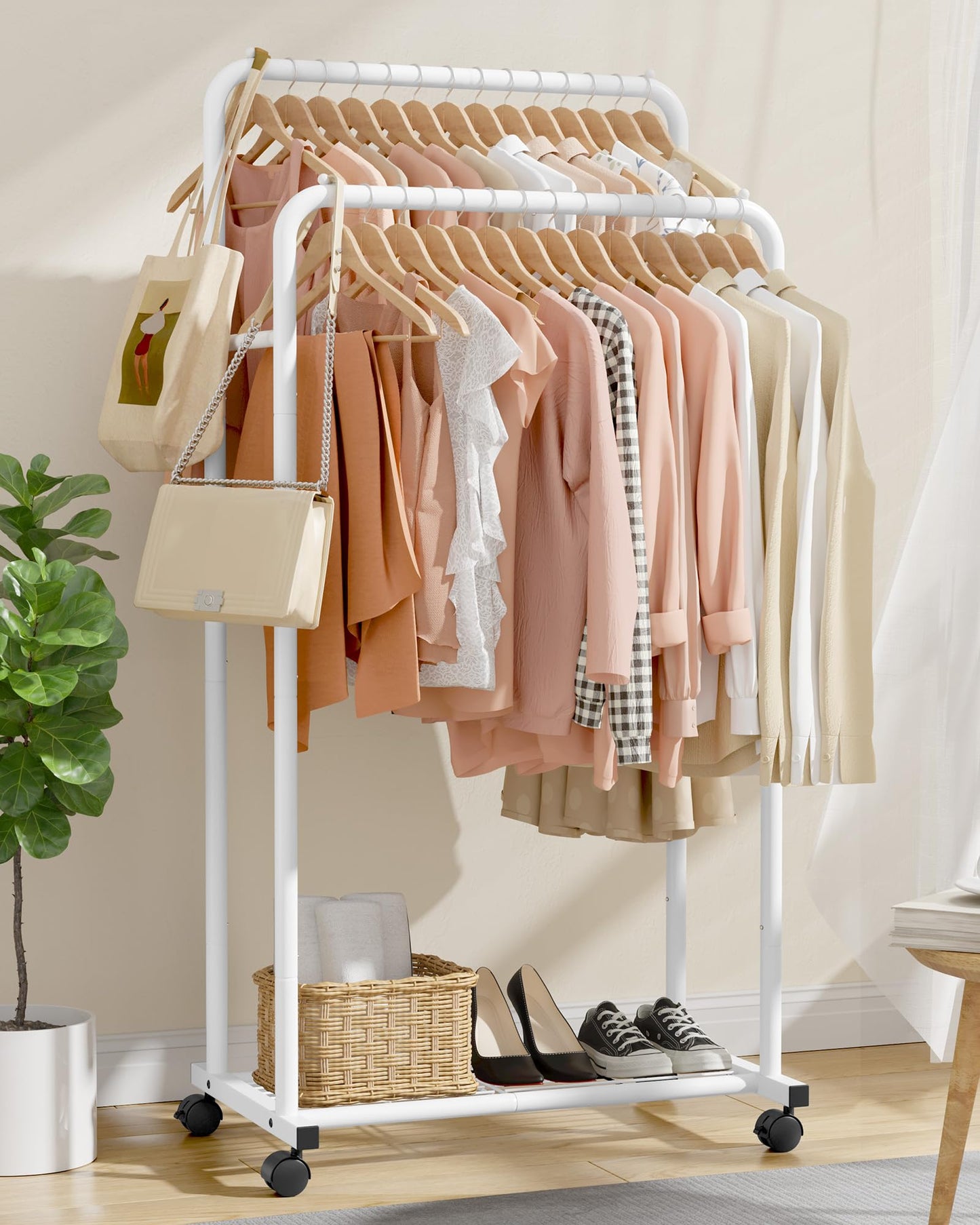 Sakugi Clothes Rack - Clothing Rack with Storage Mesh Shelf & Casters, Heavy-Duty Metal Clothing Rack for Hanging Clothes, Dresses, Coats, Large Load Capacity, Easy Assembly, Black, 28.0"x14.0"x59.0"
