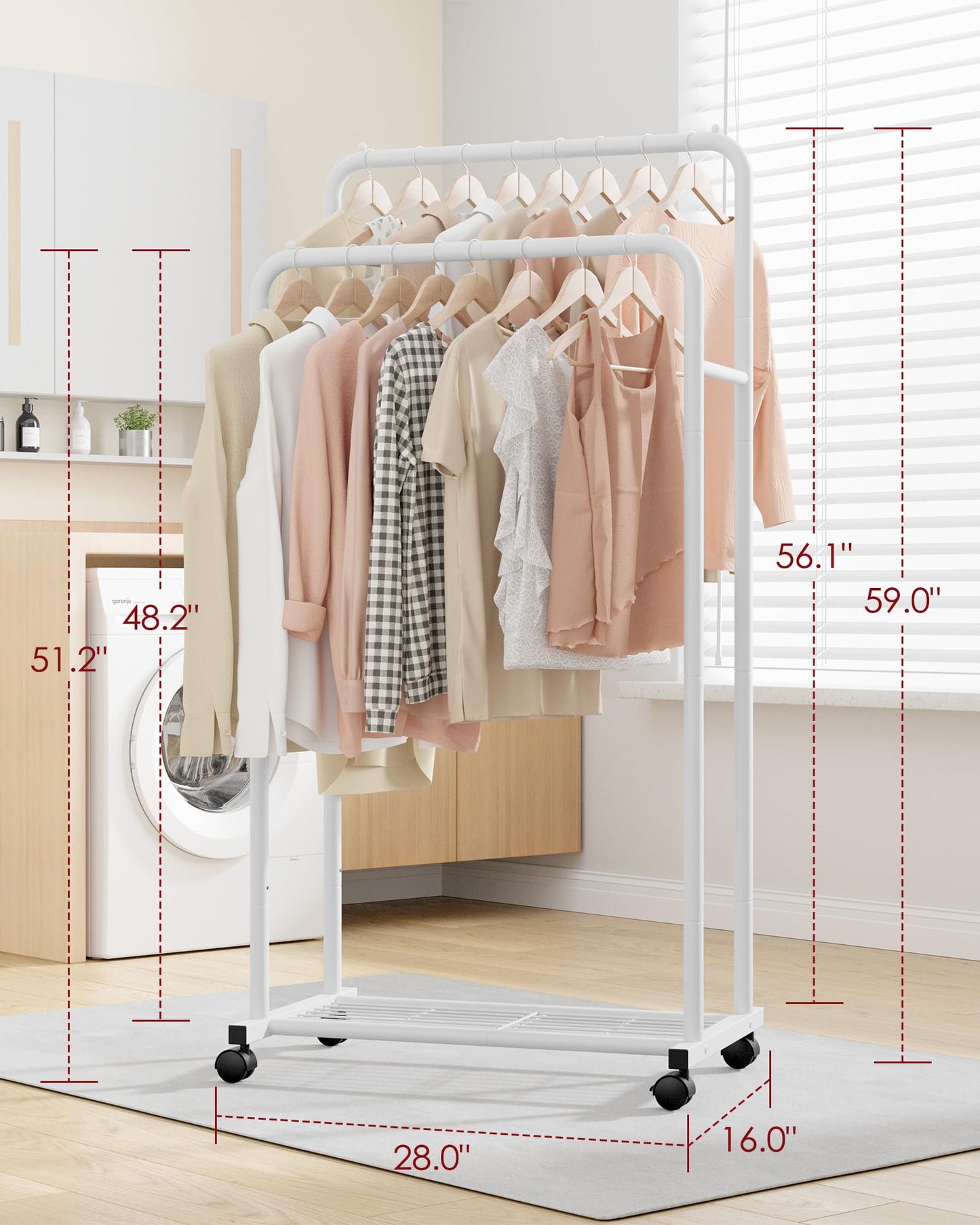 Sakugi Clothes Rack - Clothing Rack with Storage Mesh Shelf & Casters, Heavy-Duty Metal Clothing Rack for Hanging Clothes, Dresses, Coats, Large Load Capacity, Easy Assembly, Black, 28.0"x14.0"x59.0"