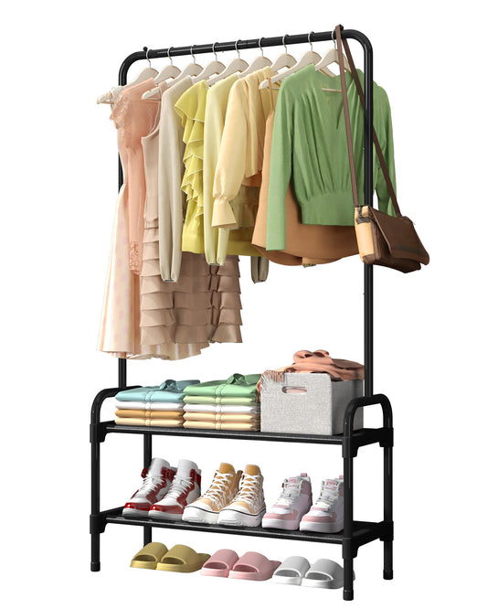 Sakugi Clothes Rack - 29" × 11.8" × 59" Clothing Rack with 2-Tier Shoe Rack and Anti-Slip Stopper, Shoe Organizer for Entryway, Bedroom, or Laundry, Black