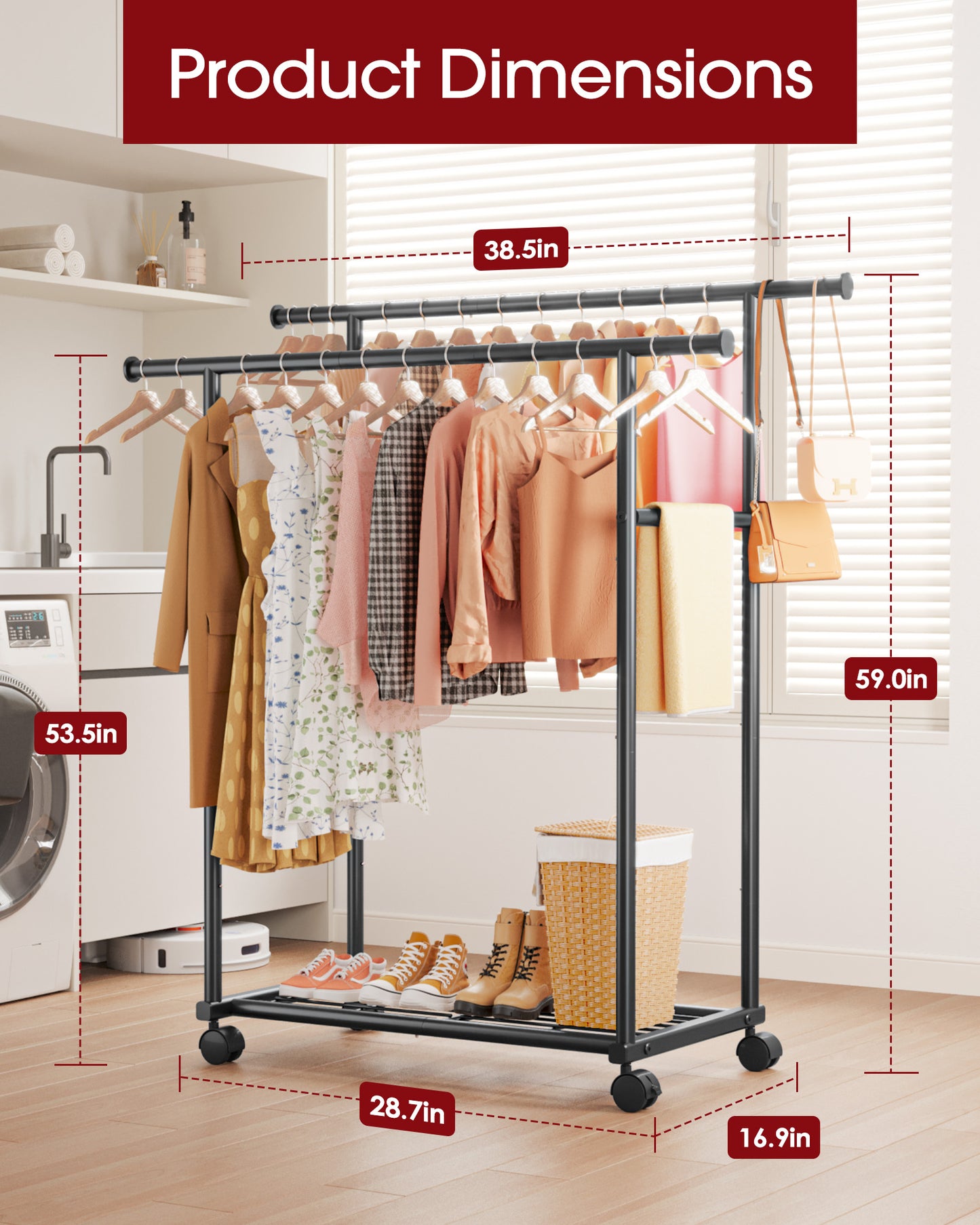 Sakugi Clothes Rack with Double Hanging Rods and Bottom Shelf, Rolling Metal Garment Rack for Bedroom Closet Storage, 38.5" x 16.9" x 59.1", Black