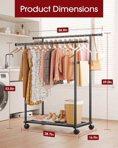 Sakugi Clothes Rack with Double Hanging Rods and Bottom Shelf, Rolling Metal Garment Rack for Bedroom Closet Storage, 38.5" x 16.9" x 59.1", Black