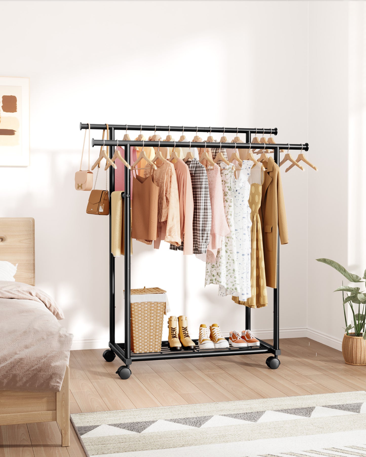 Sakugi Clothes Rack with Double Hanging Rods and Bottom Shelf, Rolling Metal Garment Rack for Bedroom Closet Storage, 38.5" x 16.9" x 59.1", Black