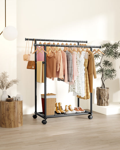 Sakugi Clothes Rack with Double Hanging Rods and Bottom Shelf, Rolling Metal Garment Rack for Bedroom Closet Storage, 38.5" x 16.9" x 59.1", Black
