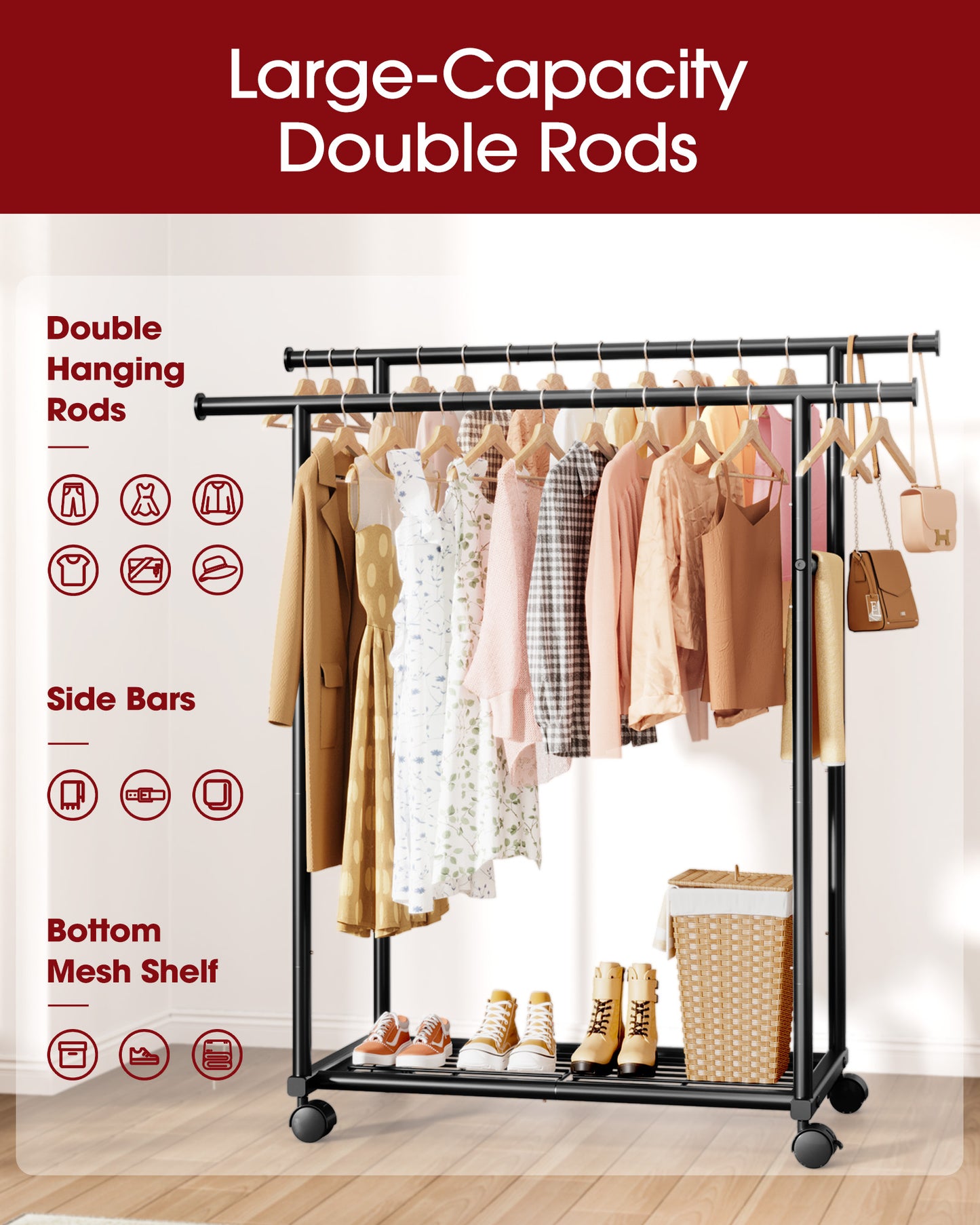 Sakugi Clothes Rack with Double Hanging Rods and Bottom Shelf, Rolling Metal Garment Rack for Bedroom Closet Storage, 38.5" x 16.9" x 59.1", Black