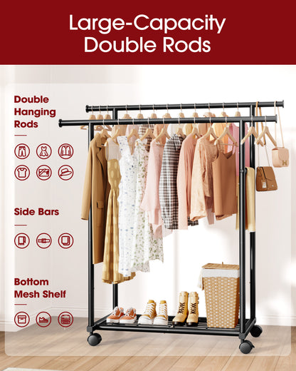 Sakugi Clothes Rack with Double Hanging Rods and Bottom Shelf, Rolling Metal Garment Rack for Bedroom Closet Storage, 38.5" x 16.9" x 59.1", Black