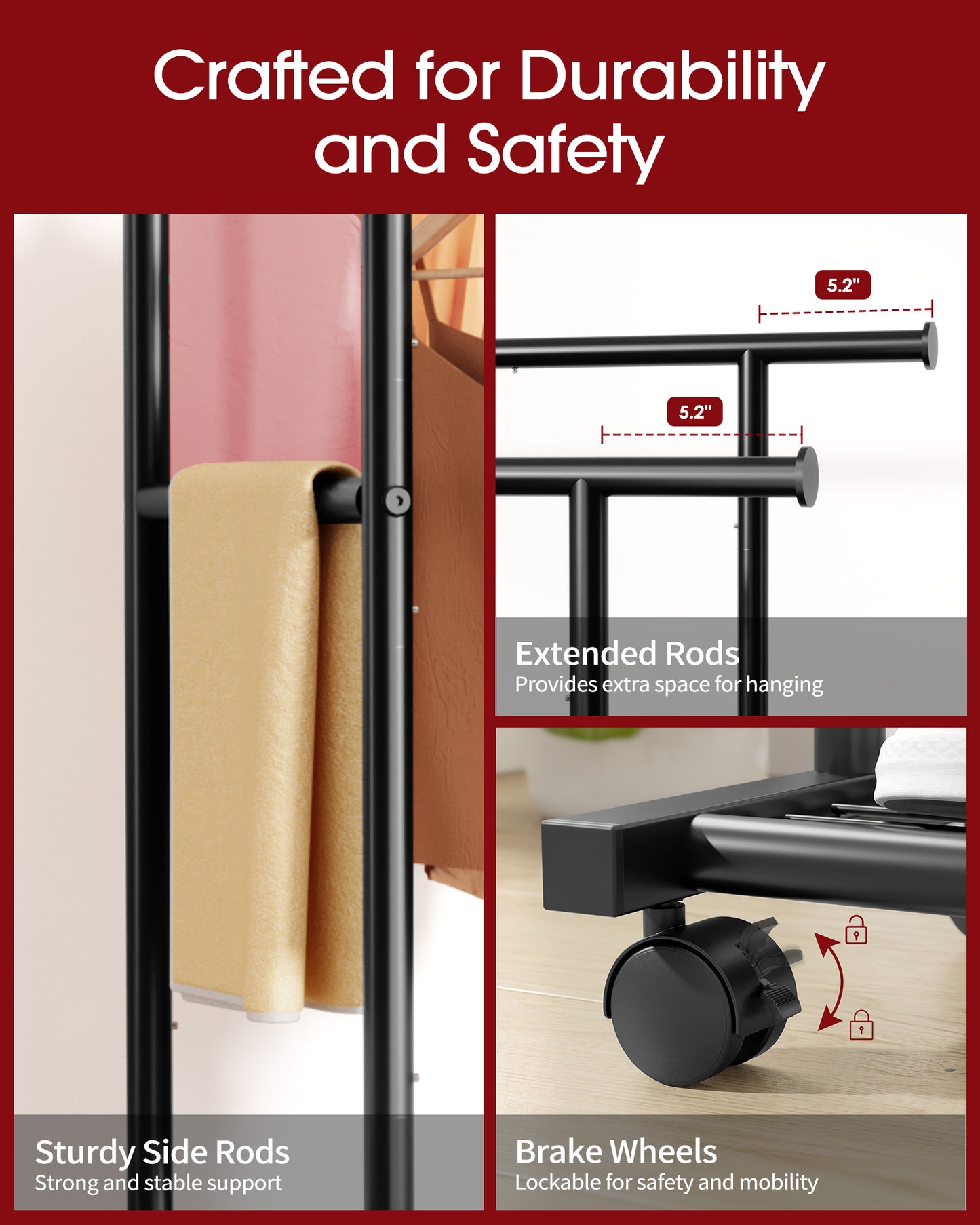 Sakugi Clothes Rack with Double Hanging Rods and Bottom Shelf, Rolling Metal Garment Rack for Bedroom Closet Storage, 38.5" x 16.9" x 59.1", Black