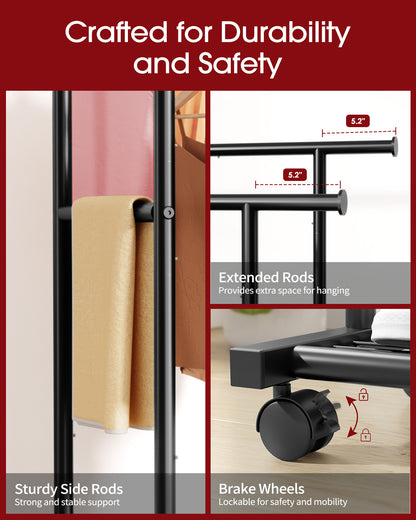 Sakugi Clothes Rack with Double Hanging Rods and Bottom Shelf, Rolling Metal Garment Rack for Bedroom Closet Storage, 38.5" x 16.9" x 59.1", Black