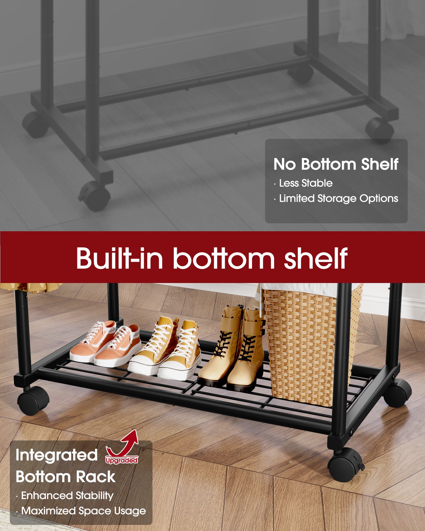 Sakugi Clothes Rack with Double Hanging Rods and Bottom Shelf, Rolling Metal Garment Rack for Bedroom Closet Storage, 38.5" x 16.9" x 59.1", Black