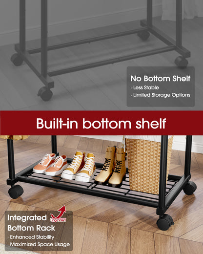 Sakugi Clothes Rack with Double Hanging Rods and Bottom Shelf, Rolling Metal Garment Rack for Bedroom Closet Storage, 38.5" x 16.9" x 59.1", Black
