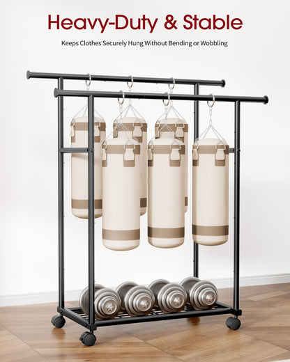 Sakugi Clothes Rack with Double Hanging Rods and Bottom Shelf, Rolling Metal Garment Rack for Bedroom Closet Storage, 38.5" x 16.9" x 59.1", Black