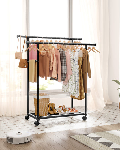 Sakugi Clothes Rack with Double Hanging Rods and Bottom Shelf, Rolling Metal Garment Rack for Bedroom Closet Storage, 38.5" x 16.9" x 59.1", Black