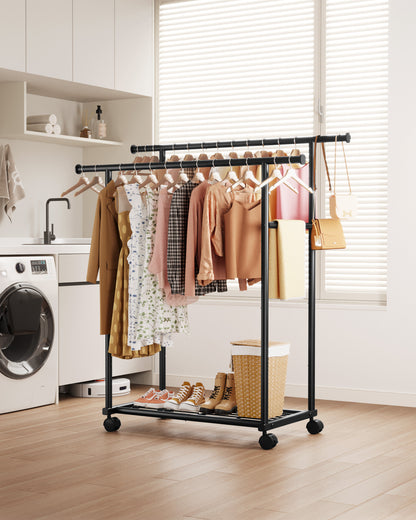 Sakugi Clothes Rack with Double Hanging Rods and Bottom Shelf, Rolling Metal Garment Rack for Bedroom Closet Storage, 38.5" x 16.9" x 59.1", Black