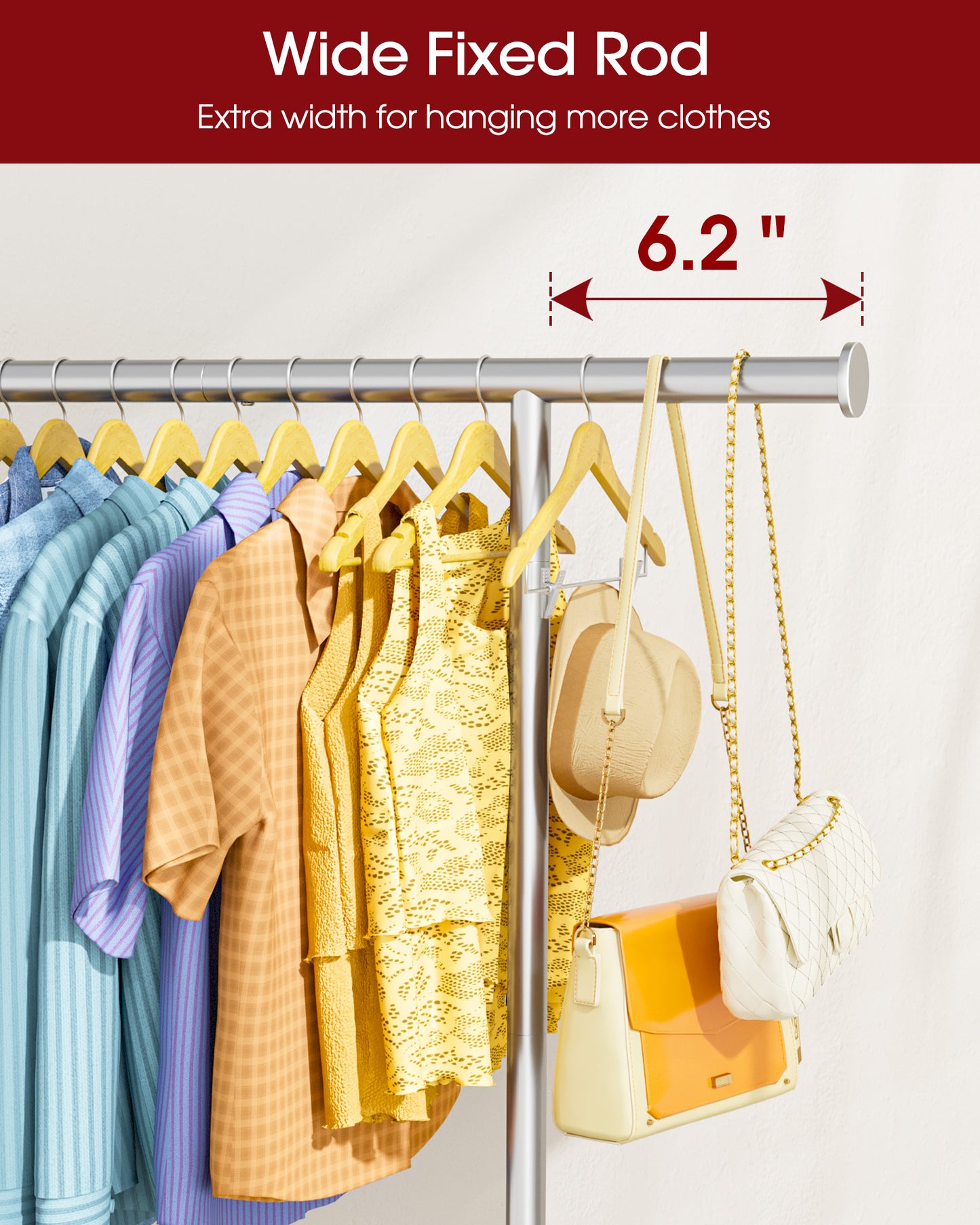 Sakugi Clothes Rack with Lockable Wheels, Large-Capacity Metal Clothing Rack for Hanging Clothes, Space-Saving Garment Organizer for Bedroom, Laundry Room, 45.6" x 16.9" x 61.7", Silver