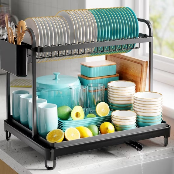 Sakugi Dish Drying Rack, 2-Tier Stainless Steel Dish Racks, Dish Drainer for Kitchen Counter, Black, X-Large