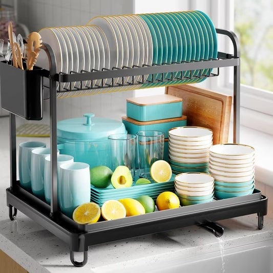 Sakugi Dish Drying Rack, 2-Tier Stainless Steel Dish Racks, Dish Drainer for Kitchen Counter, Black, X-Large