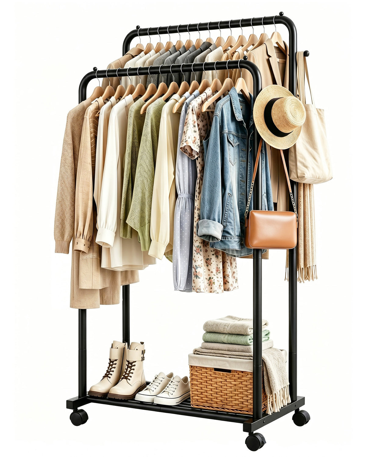 Sakugi Clothes Rack, Double-Rod Garment Rack with Hooks & Mesh Shlef, Versatile Clothing Racks for Hanging Clothes, Hats, Bags, Portable Hanger for Bedroom, Laundry, 32.7"×16"×59.1", Black