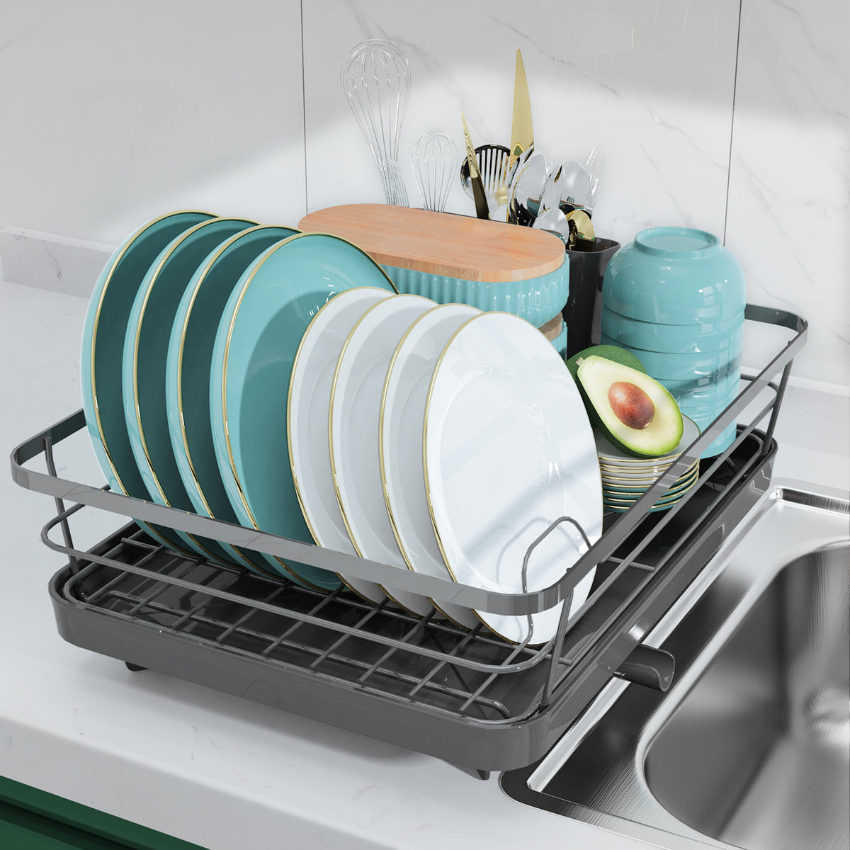 Sakugi Dish Drying Rack, Compact Dish Racks for Kitchen Counter, Gray, Large