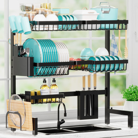 Sakugi Over The Sink Dish Drying Rack,31"-39"L x 12"W x 30.5"H Expandable Dish Drainer, Stainless Steel Dish Rack, Black, XX-Large