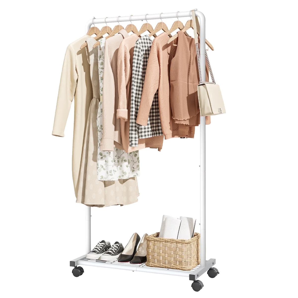 Sakugi Clothes Rack with Wheels, Clothing Racks for Hanging Clothes and Shoes, White