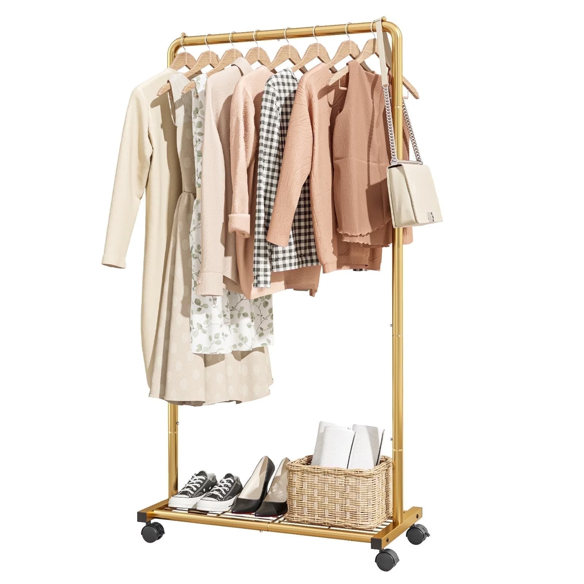 Sakugi Clothes Rack with Wheels, Clothing Racks for Hanging Clothes and Shoes, Gold