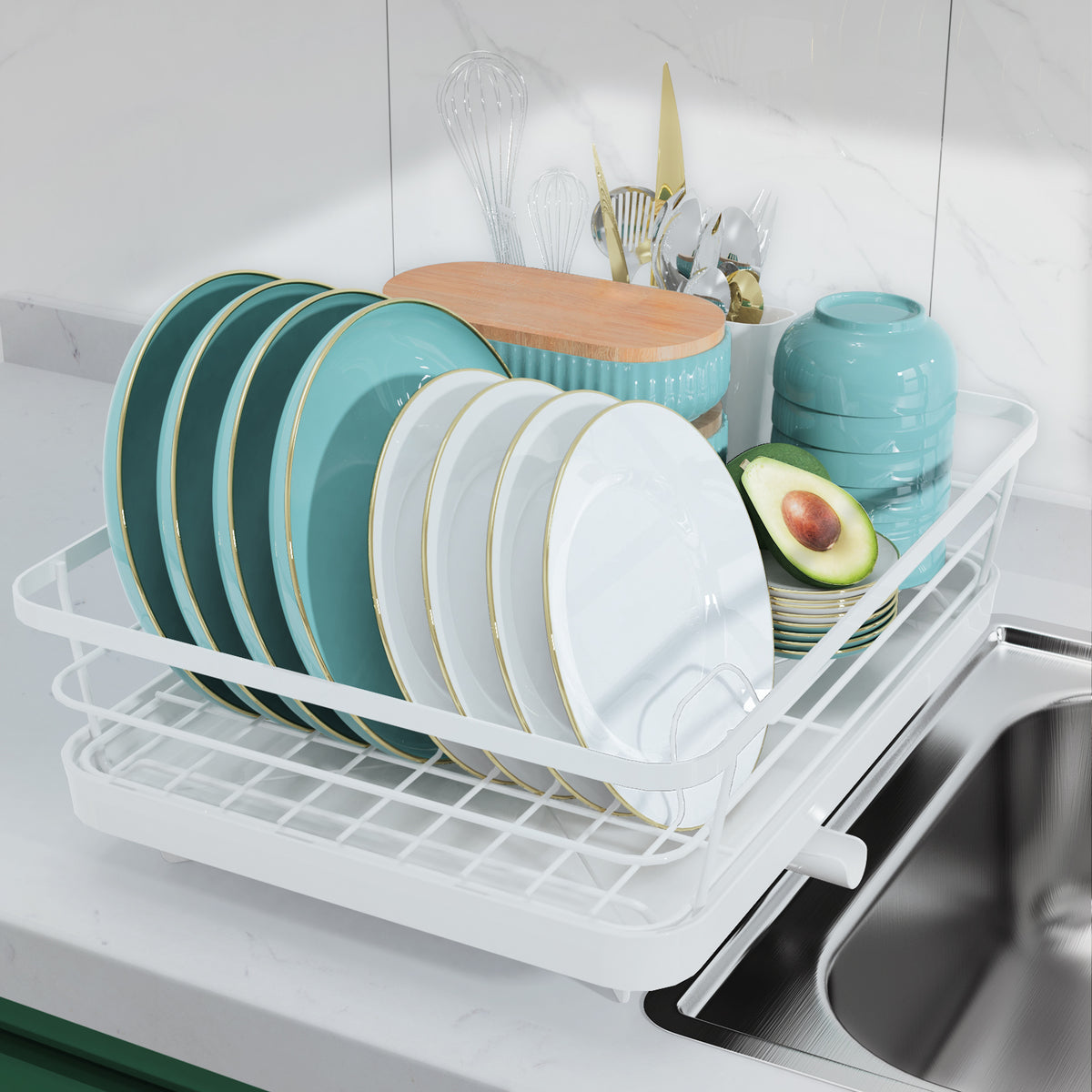Sakugi Dish Drying Rack, Compact Dish Racks for Kitchen Counter, White, Large