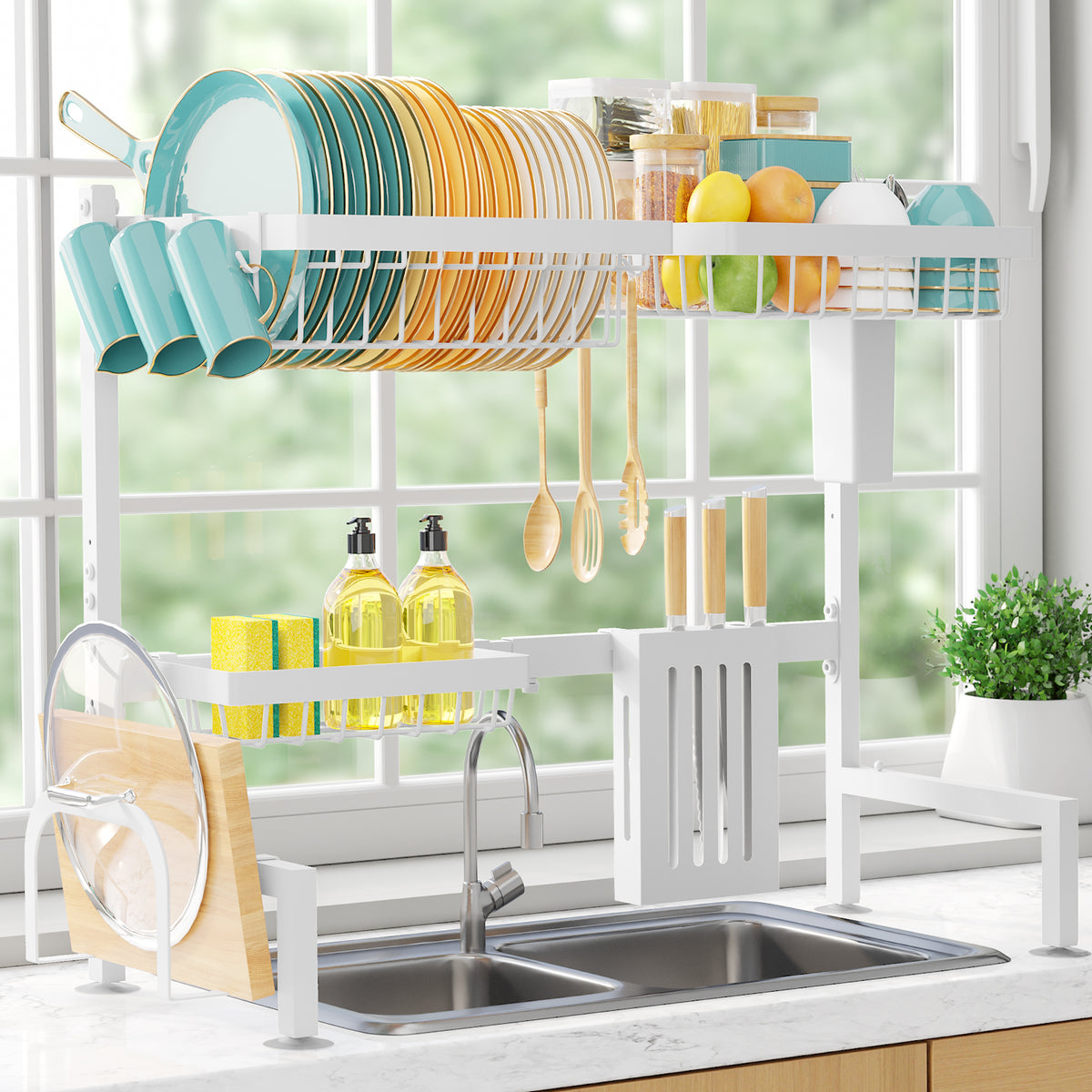Sakugi Over The Sink Dish Drying Rack, 30" -33.9" L x 11" W x 21" H Expandable Dish Drainer, Stainless Steel Dish Rack, White