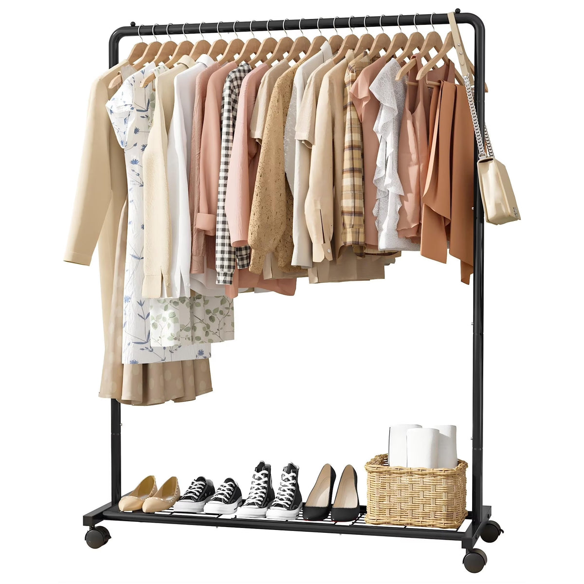 Sakugi Clothes Rack with Wheels, Clothing Racks for Hanging Clothes and Shoes, Black, X-Large