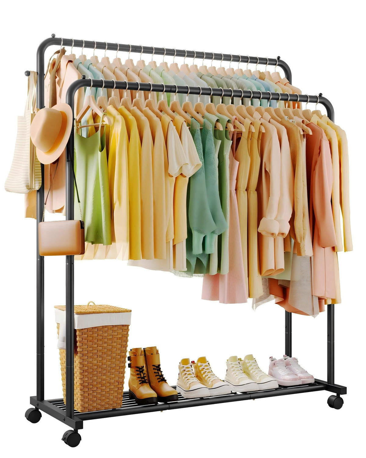 Sakugi Clothes Rack, Double-Rod Garment Rack with Hooks & Mesh Shlef, Versatile Clothing Racks for Hanging Clothes, Hats, Bags, Portable Hanger for Bedroom, Laundry, 47.2"×16.9"×58.5", X-Large, Black