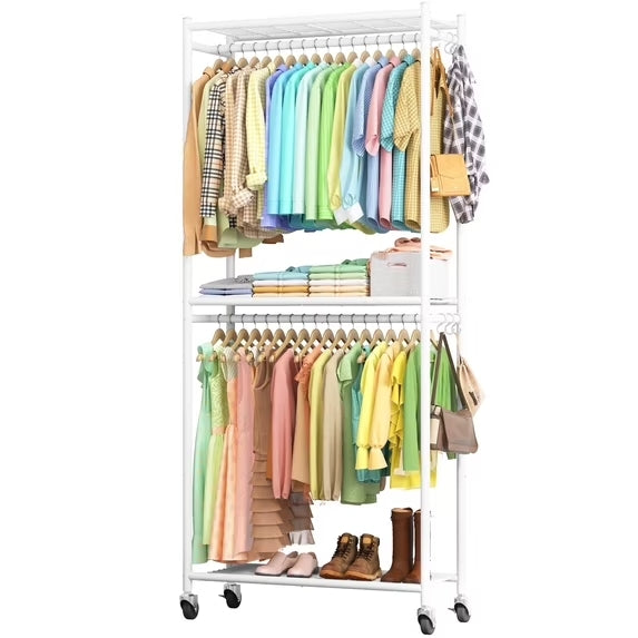 Sakugi Clothes Rack, Heavy-Duty Garment Rack with Shelves & Wheels, Freestanding Wardrobe Organizer with Hooks, Ideal for Bedroom, Laundry, or Balcony, 32.5" x 11.9" x 78.9", White