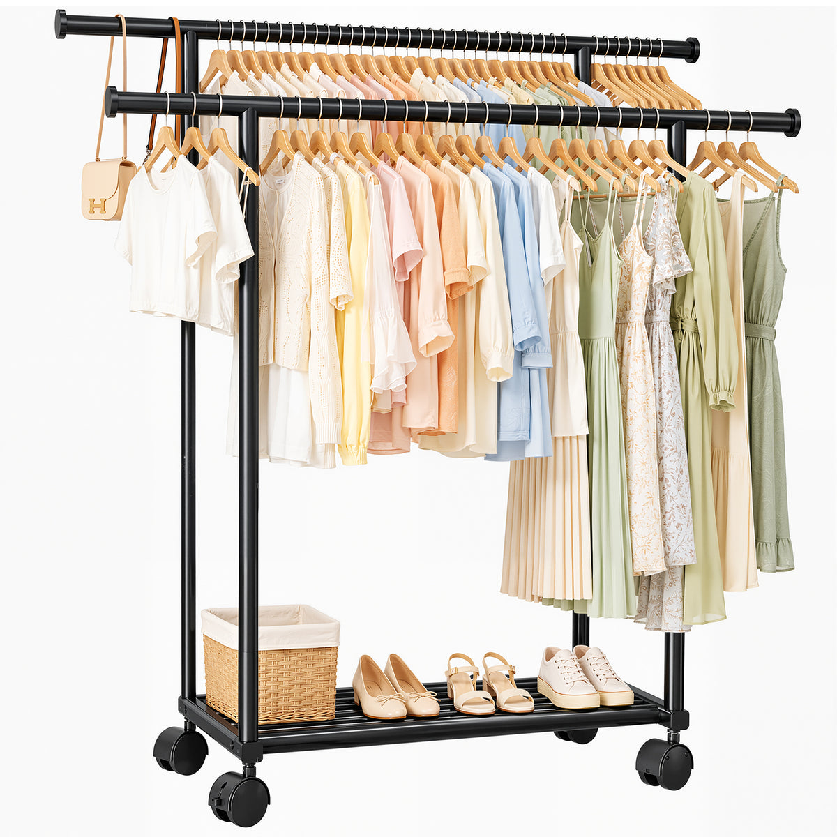 Sakugi Clothes Rack with Double Hanging Rods and Bottom Shelf, Rolling Metal Garment Rack for Bedroom Closet Storage, 45.6" x 16.9" x 61", Black
