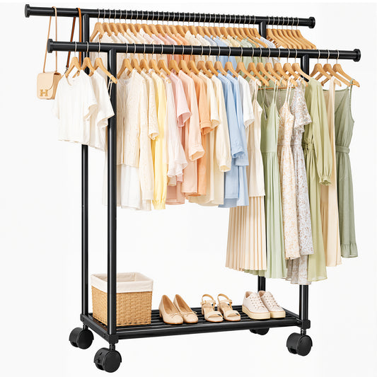 Sakugi Clothes Rack with Double Hanging Rods and Bottom Shelf, Rolling Metal Garment Rack for Bedroom Closet Storage, 45.6" x 16.9" x 61", Black