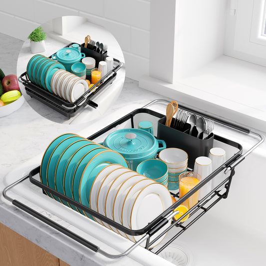 Sakugi Expandable Dish Drying Rack for Kitchen Counter, Stainless Steel Sink Organizer with Cutlery Holder, Space-Saving Dish Rack for Home and Apartment, 16" ~24"W x 12.6"D, Black