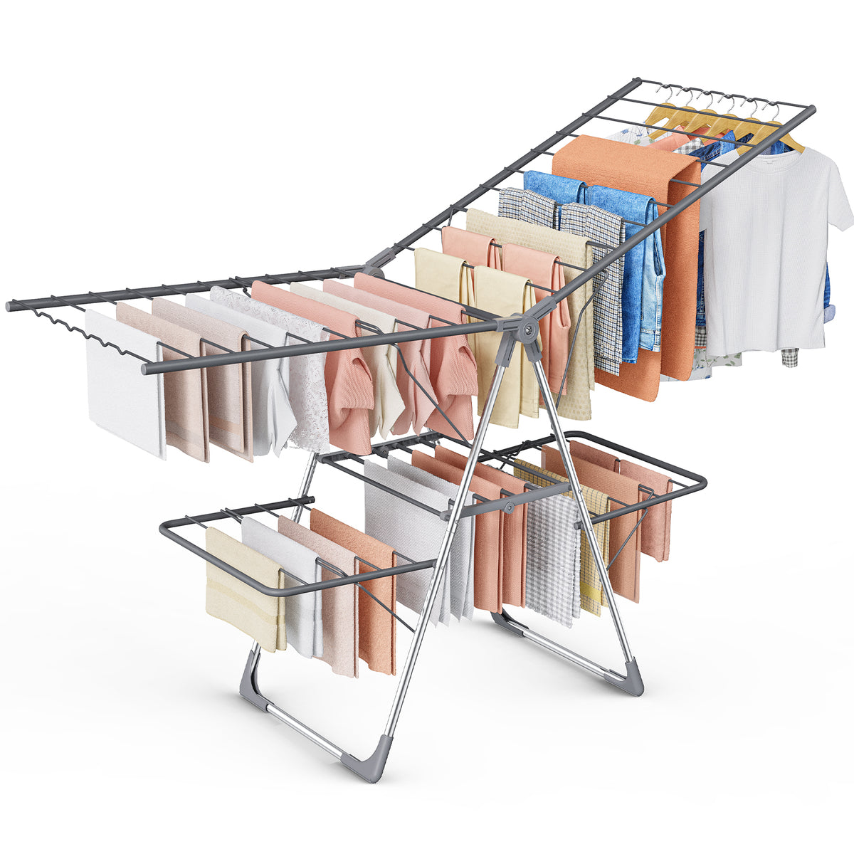 Sakugi Clothes Drying Rack, 2-Tier Foldable Laundry Drying Rack for Clothing with 32 Rods, Rustproof, Freestanding, for Indoor & Outdoor, 69.5" x 22.8" x 36.5", Gray