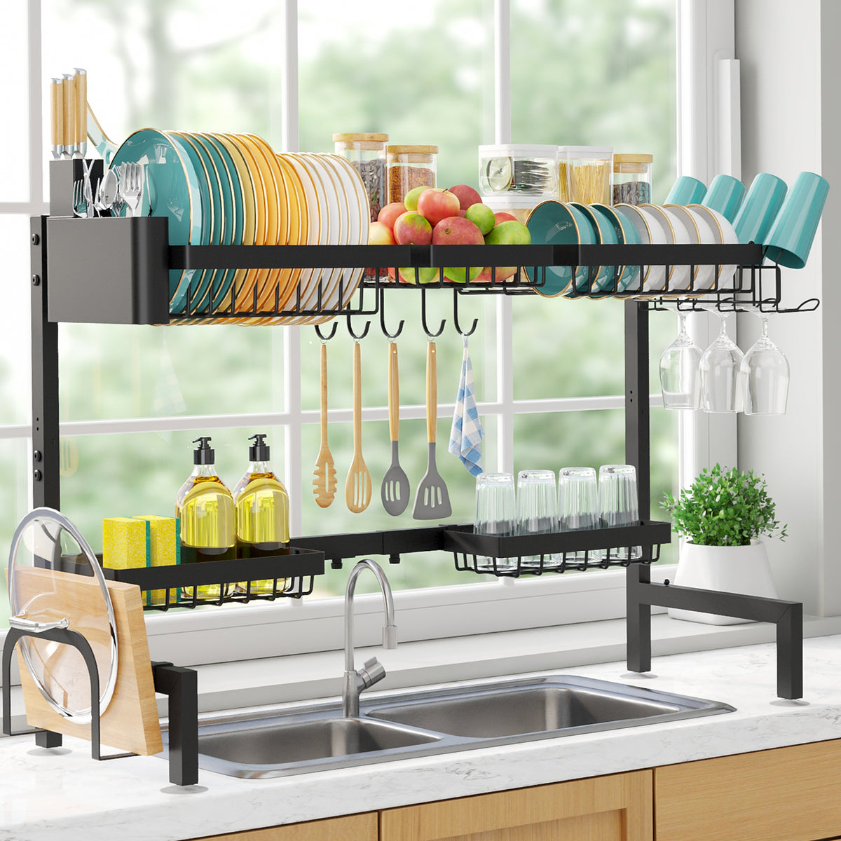 Sakugi Over The Sink Dish Drying Rack, 31"-39"L x 12"W x 25"H Expandable Dish Drainer, Stainless Steel Dish Rack, Black, X-Large