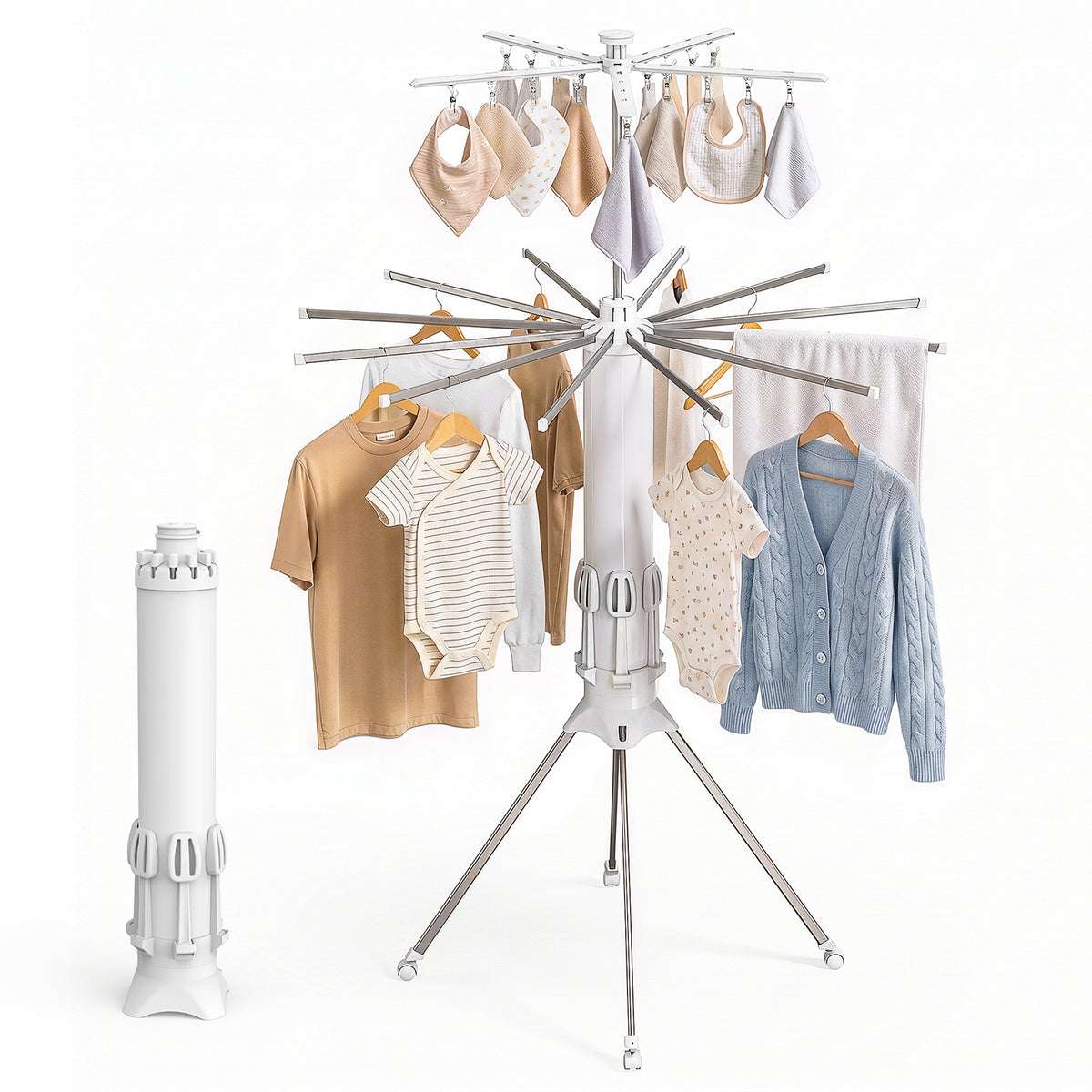 Sakugi Foldable Clothes Drying Rack, Large Laundry Drying Rack with 12 Arms & 20 Clips, Collapsible Rust-Resistant Metal Rack for Indoor & Outdoor Use, Portable Clothes Airer