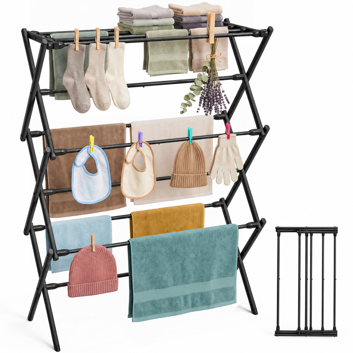 Sakugi Clothes Drying Rack, Space-Saving Foldable Metal Laundry Dryer for Outdoor, Balcony & Laundry Room Organization, 29.1" x 11.4" x 36.9", Black, 3-Tier