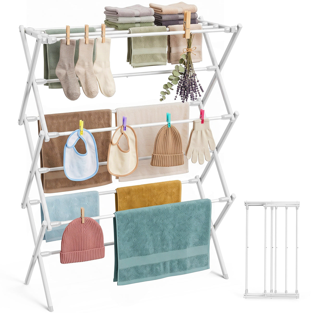 Sakugi Clothes Drying Rack, Space-Saving Foldable Metal Laundry Dryer for Outdoor, Balcony & Laundry Room Organization, 29.1" x 11.4" x 36.9", White, 3-Tier