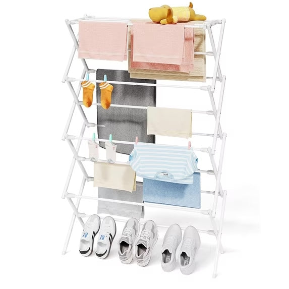 Sakugi Clothes Drying Rack, Space-Saving Foldable Metal Laundry Dryer for Outdoor, Balcony & Laundry Room Organization, 29.1" x 11.4" x 48.8", White, 4-Tier