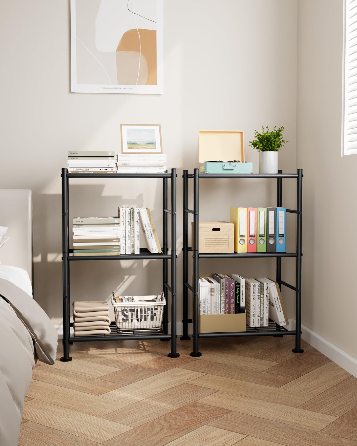 Sakugi 2-Pack Storage Shelves - 3-Tier Metal Wire Shelf Organizer, Slim Shelf Rack with Adjustable Feet for Laundry Room, Kitchen, Garage Organization, 18.2" x 12.3" x 30.4", Black