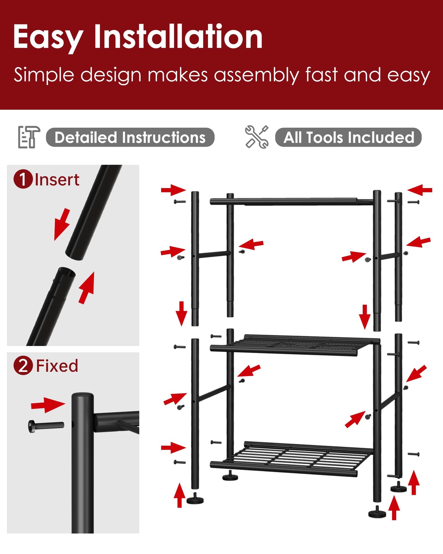 Sakugi 2-Pack Storage Shelves - 3-Tier Metal Wire Shelf Organizer, Slim Shelf Rack with Adjustable Feet for Laundry Room, Kitchen, Garage Organization, 18.2" x 12.3" x 30.4", Black