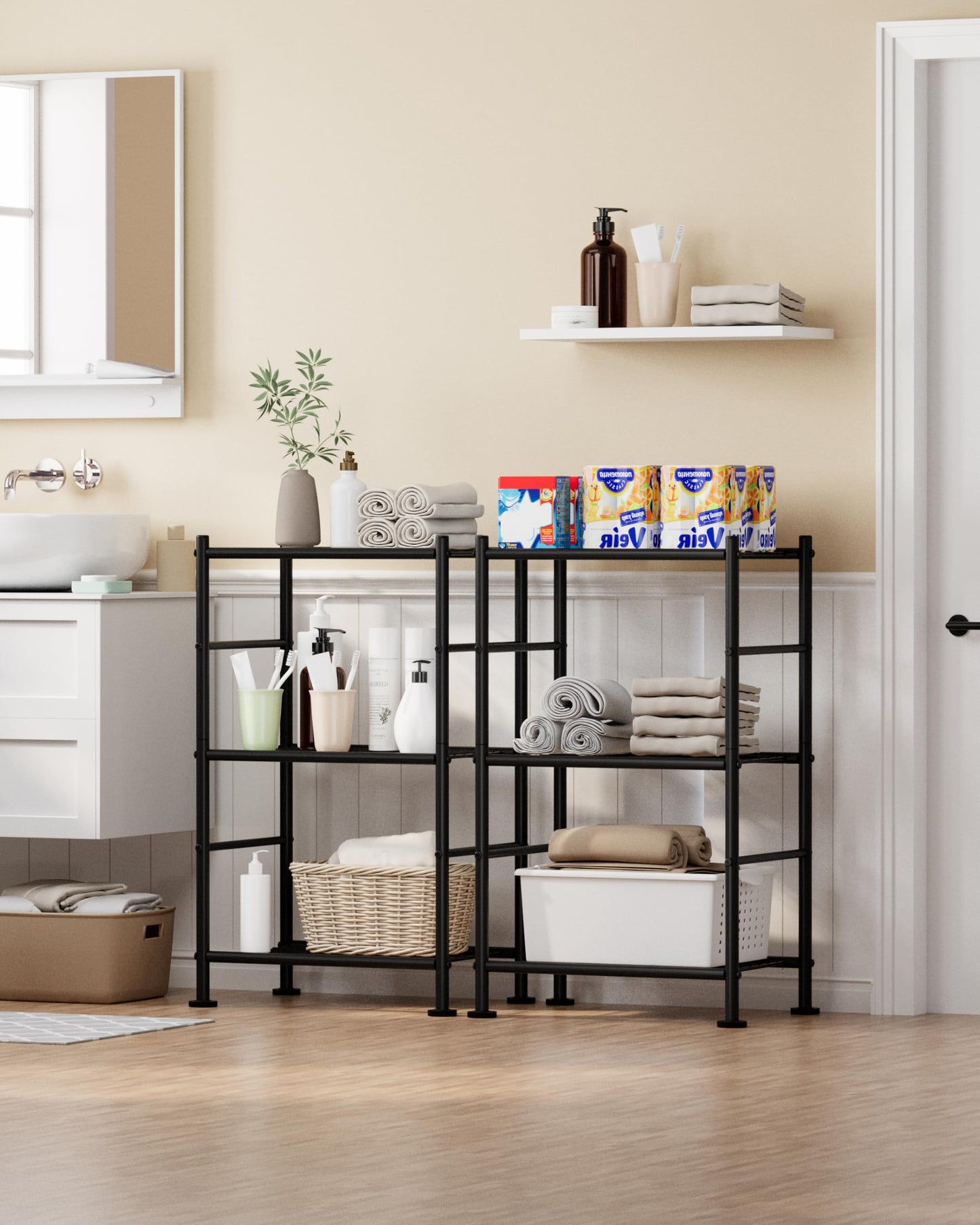 Sakugi 2-Pack Storage Shelves - 3-Tier Metal Wire Shelf Organizer, Slim Shelf Rack with Adjustable Feet for Laundry Room, Kitchen, Garage Organization, 18.2" x 12.3" x 30.4", Black