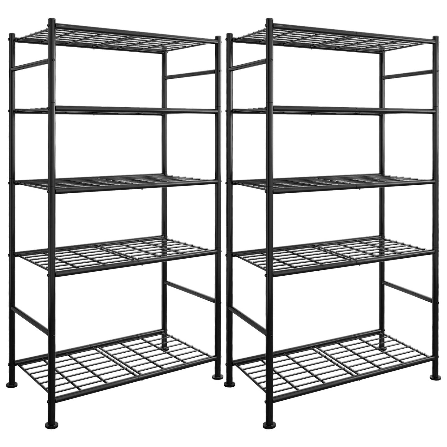 Sakugi Storage Shelves - Set of 2, 5-Tier Large Metal Shelf Organizer, Heavy-Duty Garage Shelving with Leveling Feet, Stable Shelves Organizer for Pantry, Kitchen, Basement, 33.5" x 12.6" x 72", Black