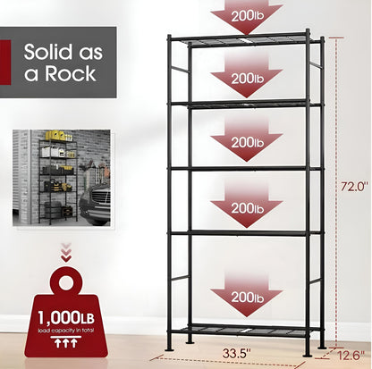 Sakugi Storage Shelves - Set of 2, 5-Tier Large Metal Shelf Organizer, Heavy-Duty Garage Shelving with Leveling Feet, Stable Shelves Organizer for Pantry, Kitchen, Basement, 33.5" x 12.6" x 72", Black
