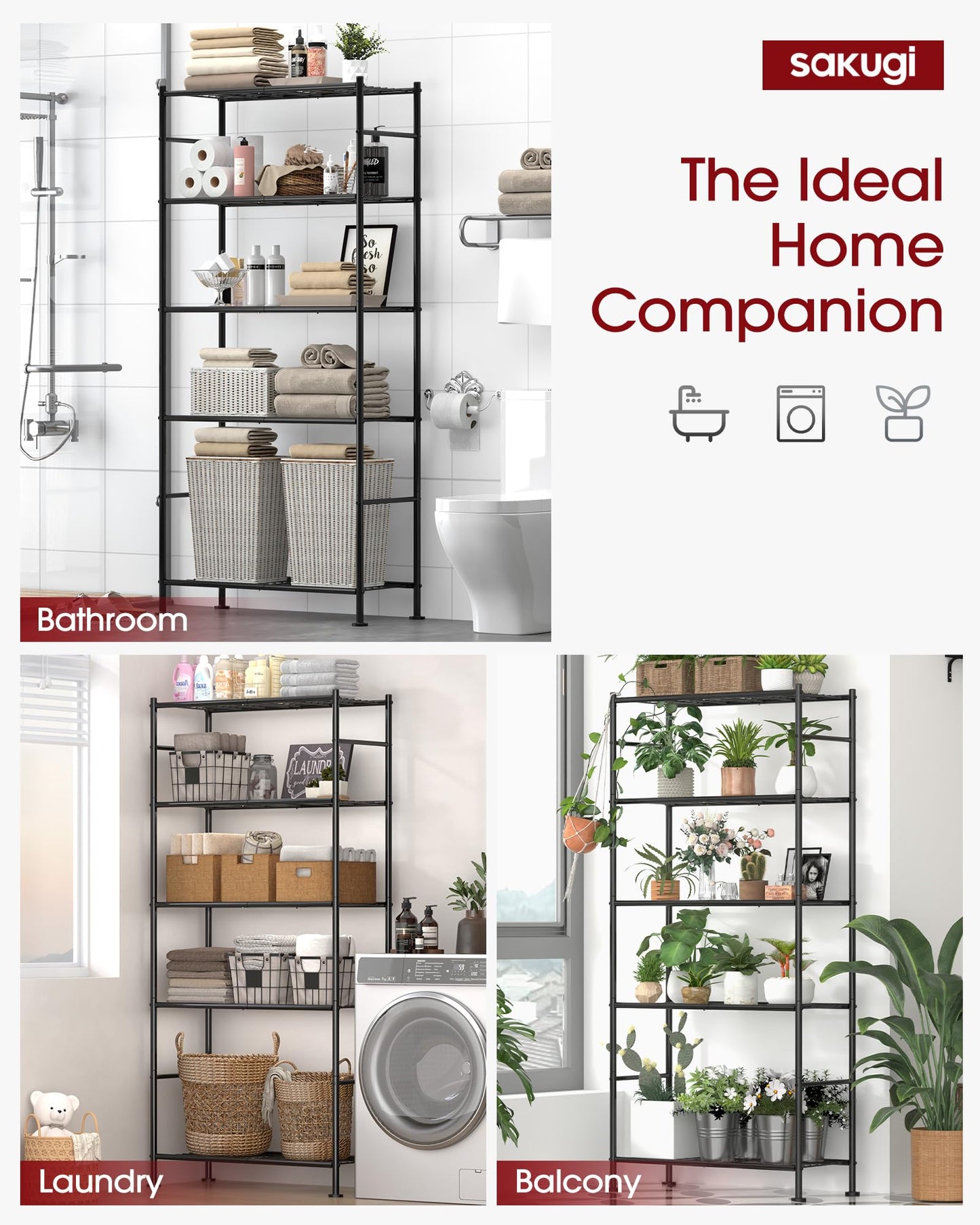 Sakugi Storage Shelves - Set of 2, 5-Tier Large Metal Shelf Organizer, Heavy-Duty Garage Shelving with Leveling Feet, Stable Shelves Organizer for Pantry, Kitchen, Basement, 33.5" x 12.6" x 72", Black