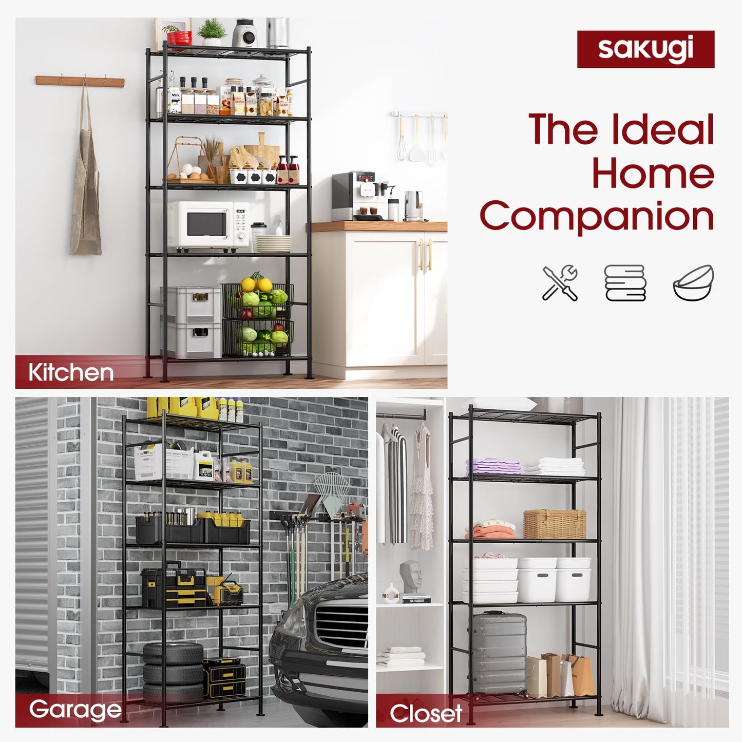 Sakugi Storage Shelves - Set of 2, 5-Tier Large Metal Shelf Organizer, Heavy-Duty Garage Shelving with Leveling Feet, Stable Shelves Organizer for Pantry, Kitchen, Basement, 33.5" x 12.6" x 72", Black