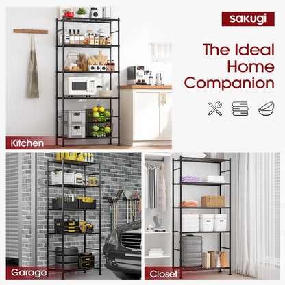Sakugi Storage Shelves - Set of 2, 5-Tier Large Metal Shelf Organizer, Heavy-Duty Garage Shelving with Leveling Feet, Stable Shelves Organizer for Pantry, Kitchen, Basement, 33.5" x 12.6" x 72", Black