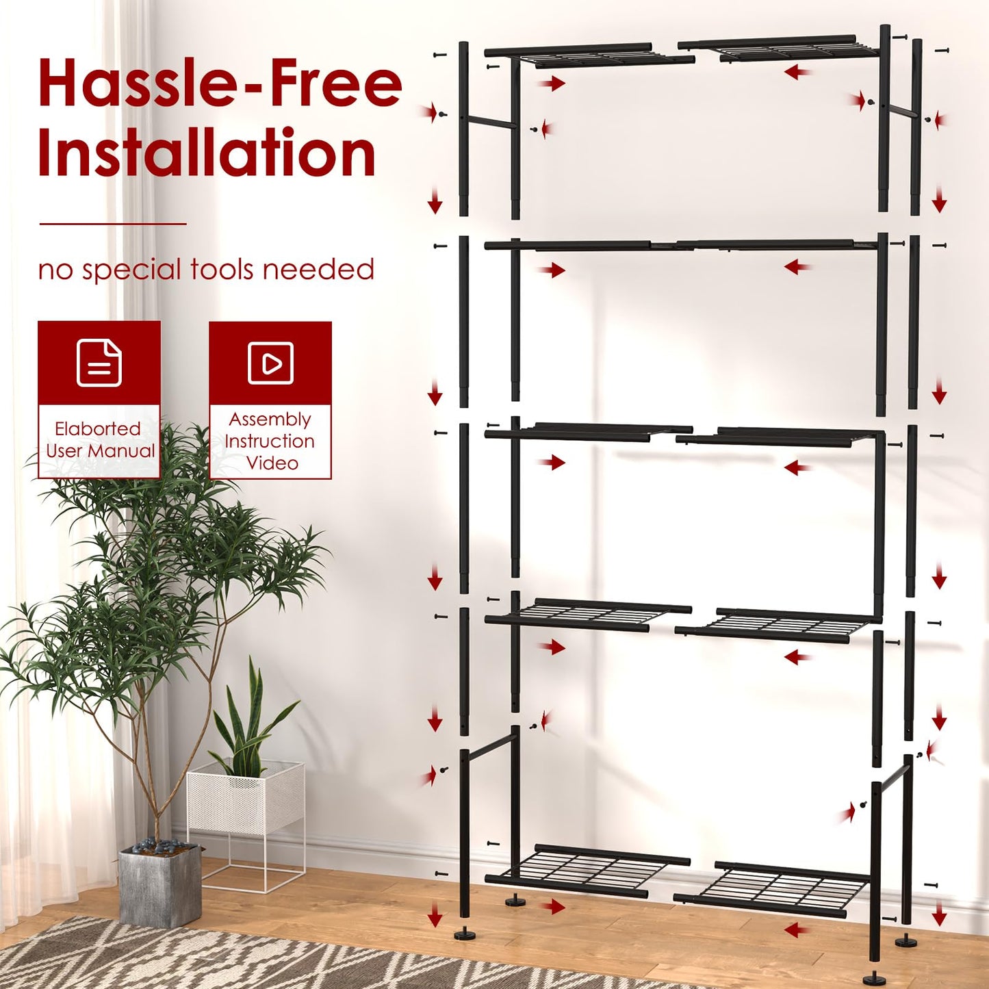 Sakugi Storage Shelves - Set of 2, 5-Tier Large Metal Shelf Organizer, Heavy-Duty Garage Shelving with Leveling Feet, Stable Shelves Organizer for Pantry, Kitchen, Basement, 33.5" x 12.6" x 72", Black