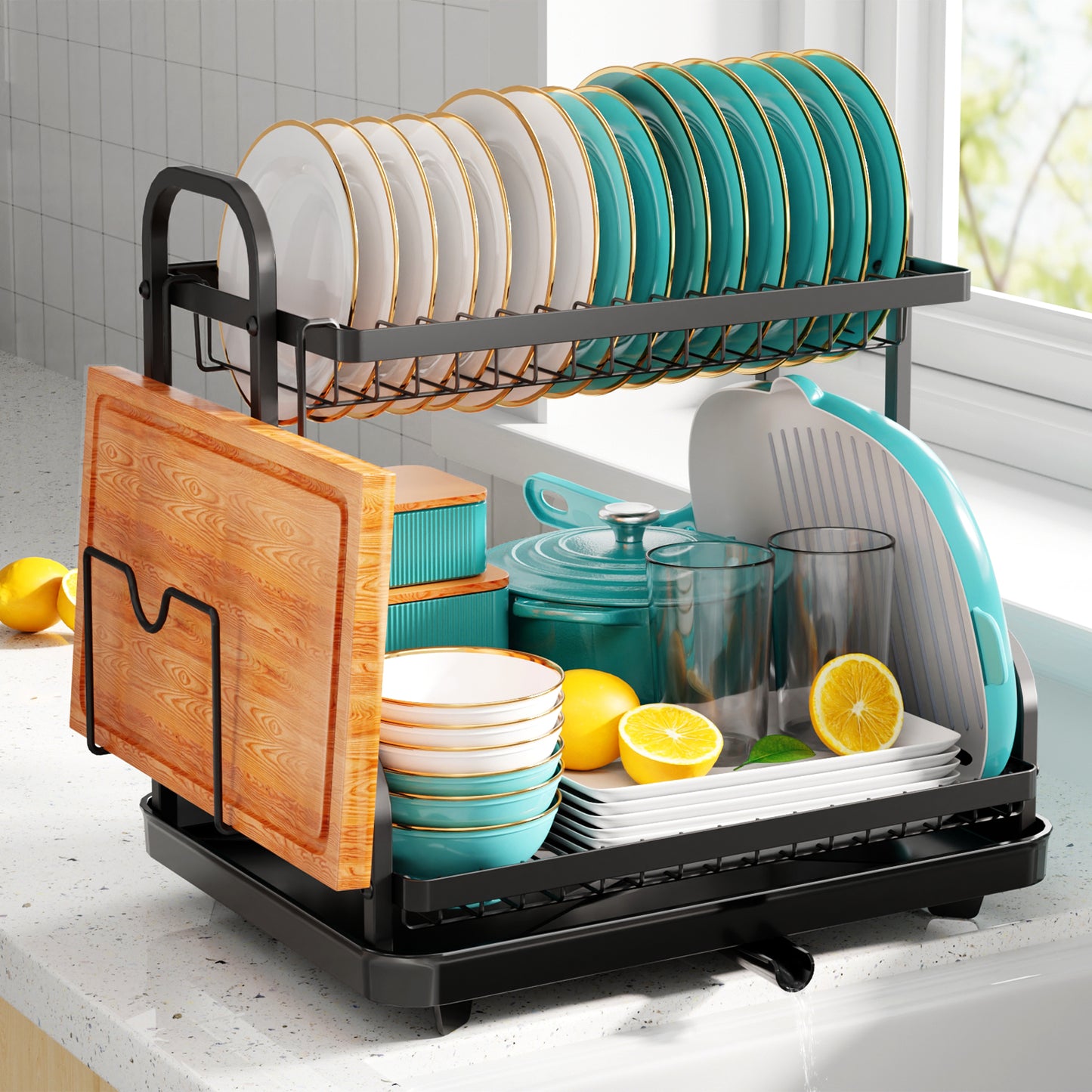 Sakugi Dish Drying Rack for Countertop - Rustproof Space-Saving & Multipurpose 2-Tier Dish Rack for Kitchen Counter with Utensil Holder, Large-Capacity, Black