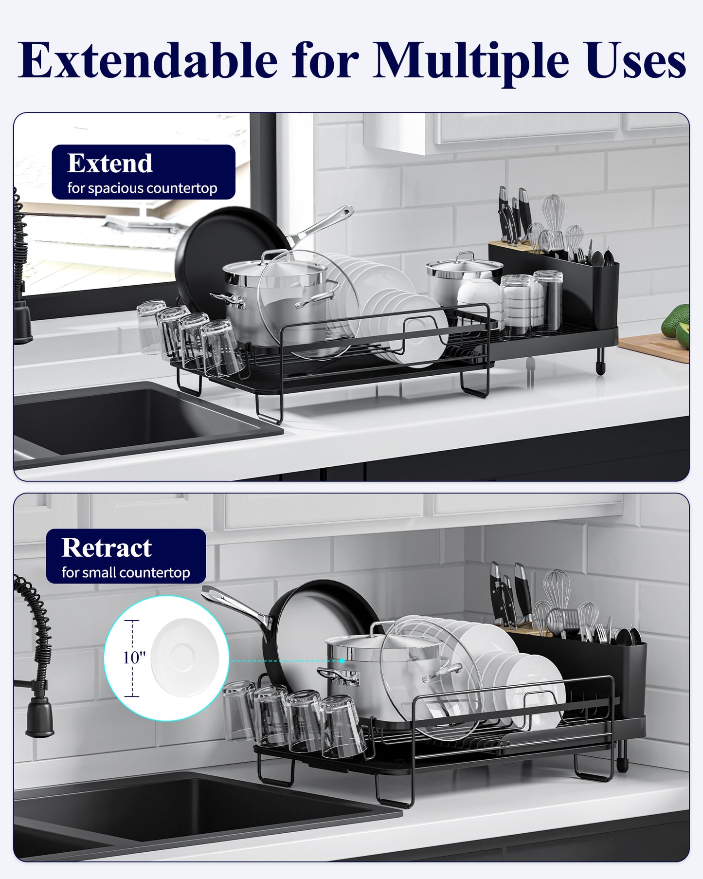 Sakugi Extendable Dish Drying Rack, Anti-Rust Dish Rack for Kitchen Counter, 19.2"-26.7" L x 12.9" W, Black